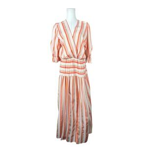 Dixie Orange Pink Striped V-Neck Tiered Maxi Dress Womens Medium